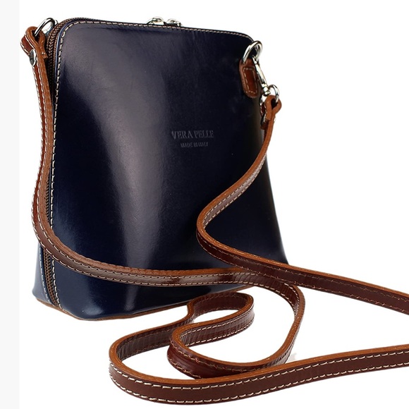 Vera Pelle Dark Blue and Tan Leather Crossbody - Picture 1 of 6